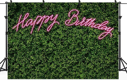 Riyidecor Neon Happy Birthday Backdrop Polyester Fabric Green Grass Leaf Rustic Spring Leaves Plant 8Wx6H Feet Pink Nature for Woman Photography Background Birthday Photo Studio Shoot