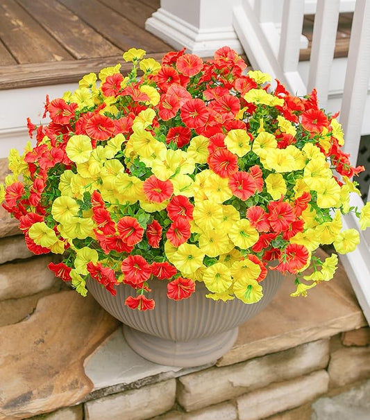 Artificial Mums for Outdoors Fake Fall Flowers Plants for Autumn Decoration, 12 Bundles Silk Morning Glory with Eucalyptus Look Real UV Resistant Faux Mums for Outside Planters Yard Patio Porch, Mix