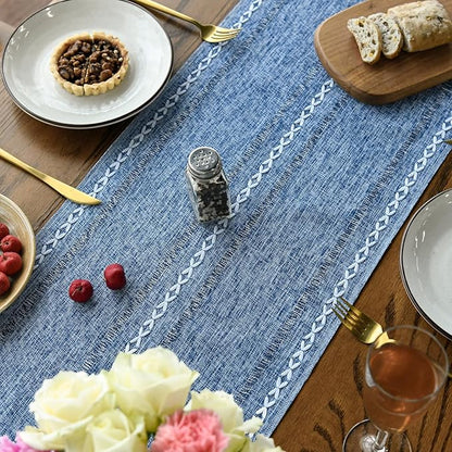 Artoid Mode Blue Rustic Cotton Linen Table Runner, Seasonal Embroidered Hollow Kitchen Dining Table Decoration for Home Party Decor 13x90 Inch