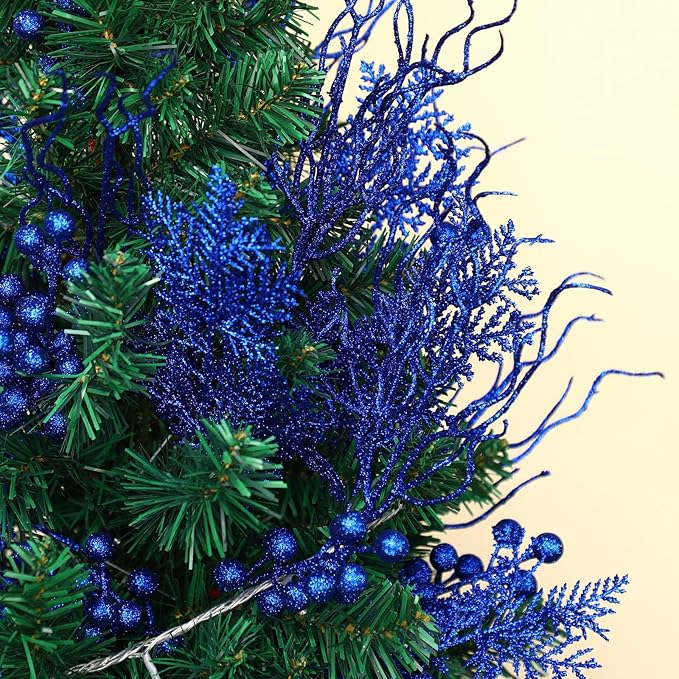 75 Pcs Christmas Glitter Branches 3 Styles Artificial Christmas Picks Berries Stems Pine Needles Floral Twig Spray for Xmas Tree Ornaments DIY Wreath Garland(Blue)