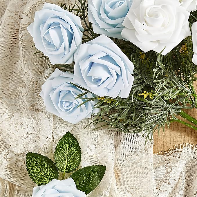 Artificial Flowers, 25pcs Baby Blue Artificial Rose for DIY Wedding Bouquets Centerpieces Arrangements, Fake Flower with Stems for Party Home Decorations