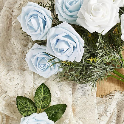 Artificial Flowers, 25pcs Baby Blue Artificial Rose for DIY Wedding Bouquets Centerpieces Arrangements, Fake Flower with Stems for Party Home Decorations