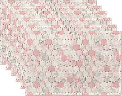 Placemats,Pink Grey White Hexagonal Marble Placemats 12x18 Inch Waterproof Non-Slip Washable Table Mats for Kitchen Dining Party Table Decor,Set of 6