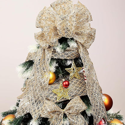 VATIN 2-1/2" Champagne Christmas Ribbon, Gold Glitter Mesh Diamond Web Sequin Dots Wired Christmas Ribbon for Gift Wrapping Bow Making Wreath Supply-10 Yards