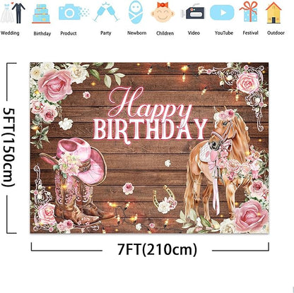 SVBright Cowgirl Birthday Backdrop for Women， Western Horse Barn Door，Pink Rose Flowers Farmhouse Rustic，Natural Wildflower Wood Boot Hat Decorations Photography Background Banner Photo Studio 7Wx5H