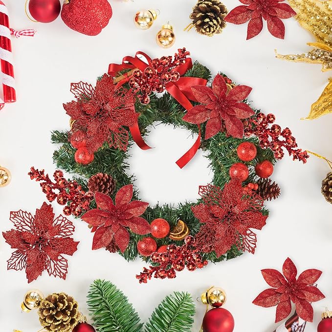 24Pcs Red Glitter Poinsettia Christmas Tree Ornaments and Glitter Berries Stems, 16Pcs Christmas Artificial Flowers and 8 Pack Christmas Tree Picks for Wedding Holiday Decorations