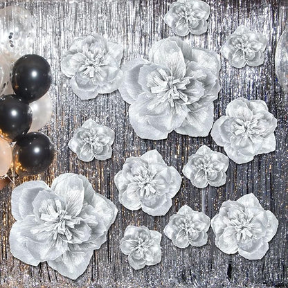 Giant Paper Flowers Artificial Large Paper Flower Decoration for Handcrafted Wall Backdrop Christmas Mexican Wedding Graduation Bridal Shower Birthday Party Supplies(Silver,12 Pcs)