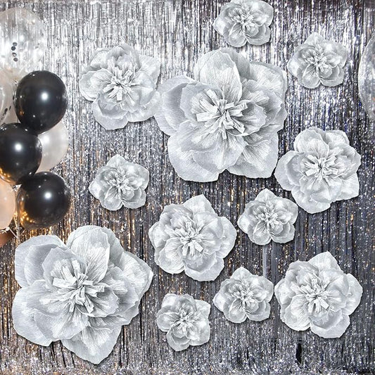Giant Paper Flowers Artificial Large Paper Flower Decoration for Handcrafted Wall Backdrop Christmas Mexican Wedding Graduation Bridal Shower Birthday Party Supplies(Silver,12 Pcs)