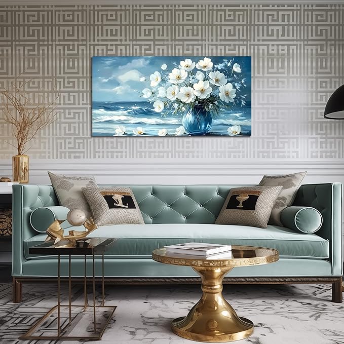 Flower Wall Art for Living Room, Ocean Canvas Wall-Decor for Bedroom, Blue and White Picture Print Artwork for Office, Size 40 x 20 Inches