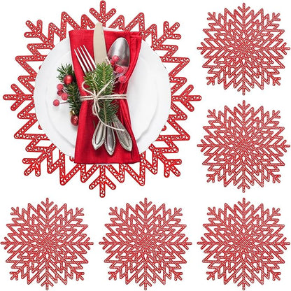 Snowflake Placemats Set of 6, Washable Christmas Placemats Snowflake Tablemats Hollow Out Round Vinyl Place Mats for Dining Table Setting Kitchen Table Mats Christmas Decoration(Red Snowflake)