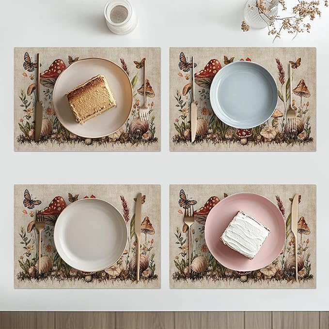 Rustic Mushroom Placemats Set of 4 Washable Table Mats Vintage Botanical Leaf Heat-Resistant Cotton Linen Place Mats for Dining Table Kitchen Indoor Outdoor Party Holiday Decor