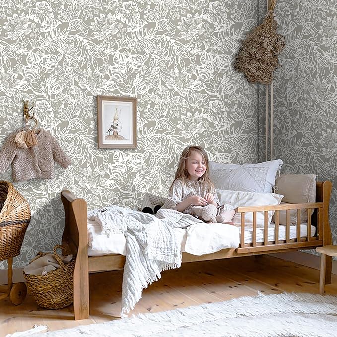 Peel and Stick Wallpaper Vintage Wall Paper Boho Contact Paper Bedroom Bathroom Wallpaper Peel and Stick Grey Brown Tropical Leaf Removable Self-Adhesive Wall Decor 17.3" x 118"