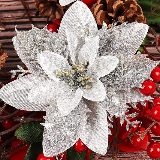RECUTMS 10 Pcs Christmas Glitter Artificial Poinsettia Flowers 6inch Christmas Wreath Christmas Tree Flowers Ornaments Holiday Seasonal Decorations (Silver, 6inch)