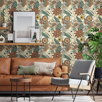 Boho Wallpaper Peel and Stick,Vintage Floral Contact Paper 17.5" x 118", Retro Botanical Flowers Wall Paper Self Adhesive Removable Waterproof for Walls Shelves Cabinet Table (Beige,Brown, Blue)
