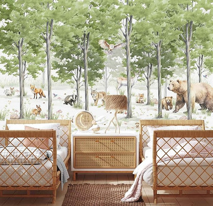 Kids Wallpaper Green Forest Animal Wall Mural for Children's Room Nursery Bedroom（Not Peel and Stick）