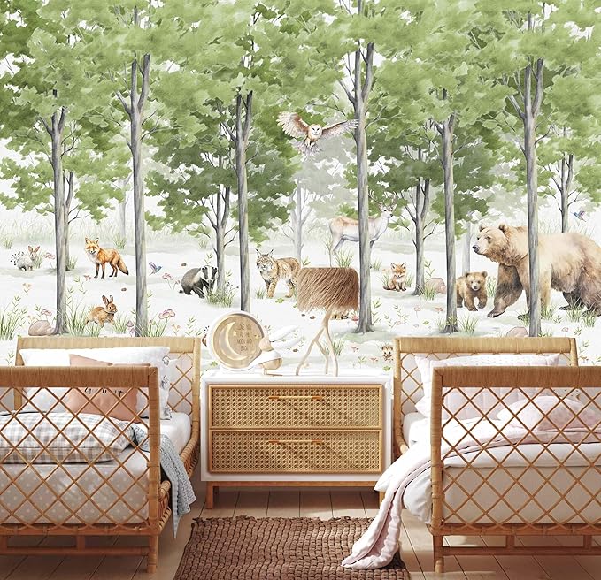 Kids Wallpaper Green Forest Animal Wall Mural for Children's Room Nursery Bedroom（Not Peel and Stick）