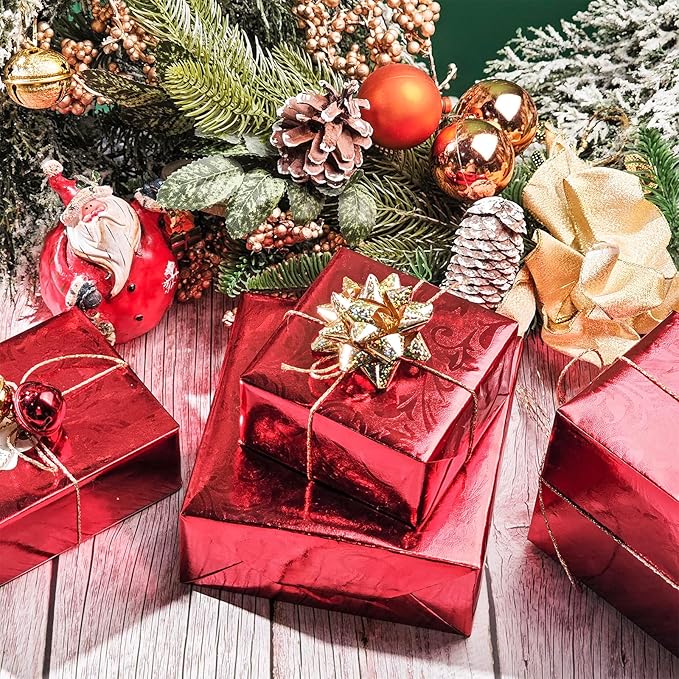 LeZakaa 3D Embossed Floral Foil Gift Wrapping Paper, Vintage Flower Metallic Foil for Birthday Christmas Party Holiday Gift Wrap, for DIY Crafts Scrapbook, Mini Roll 17 inch x 32.8 Ft(Red)
