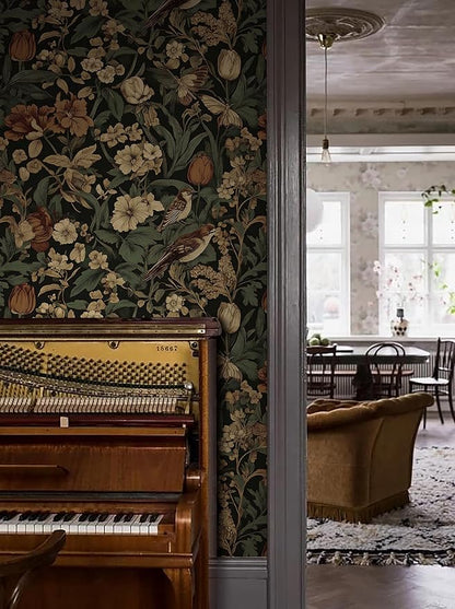 Erfoni 17.3" x 354" Bird Floral Peel and Stick Wallpaper Vintage Contact Paper for Livingroom Floral and Leaf Self Adhesive Wall Paper Retro DIY Removable Decorative Wallpaper Vinyl Roll Dark