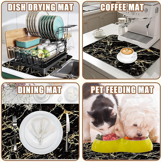 Dish Drying Mat Black and Gold Marble Coffee Bar Mat for Countertop - Absorbent, Rubber Backed, Hide Stain Dish Drainer Rack - Coffee Maker Pot Dining Room Decoration 15.7 x 23.6 Inch