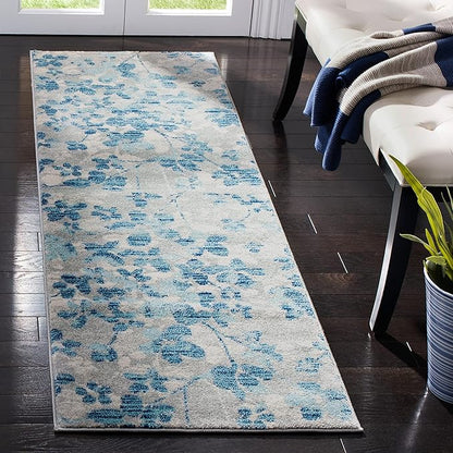 SAFAVIEH Evoke Collection 2'2" x 9' Grey/Light Blue EVK236J Floral Non-Shedding Living Room Entryway Foyer Hallway Bedroom Runner Rug