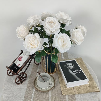 ATFL Fake White Roses Artificial Flowers Bulk,Floral Diameter 4'',20 Pcs Artificial Silk Roses Flowers with Stems for Wedding Arrangement Centerpieces Party Home Table Decorations (20, White)
