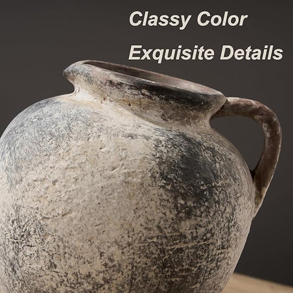 Antique Terracotta Vase with Handle, 5.6 Inch Farmhouse Ceramic Vase Boho Decor Decorative Vase, Rustic Vase for Home Decor, Living Room, Table, Wedding - Distressed Design, Gray