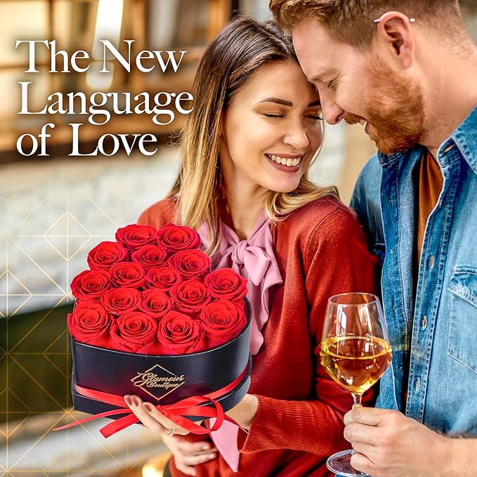 GLAMOUR BOUTIQUE 16 Flower Forever Heart Shape Box - Preserved Roses Gift for Her, Preserved Flowers, Red