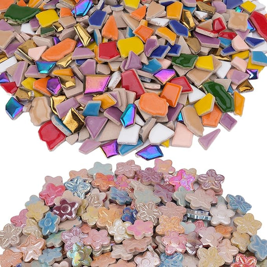 2.5 lb Irregular & Flower Ceramic Mosaic Tiles for Crafts - (800g Small Irregular Tiles + 330g Flower Mosaic Pieces), Mix Shapes & Colors Ceramic Mosaics for DIY Projects & Home Decor