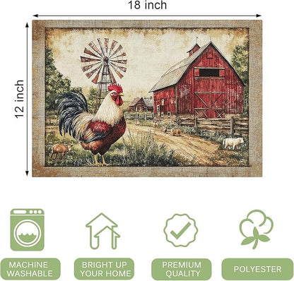 Retro Chicken Placemats Set of 4 Washable Table Farmhouse Rooster Heat-Resistant Cotton Linen Place Mats for Dining Table Kitchen Indoor Outdoor Party Holiday Decor