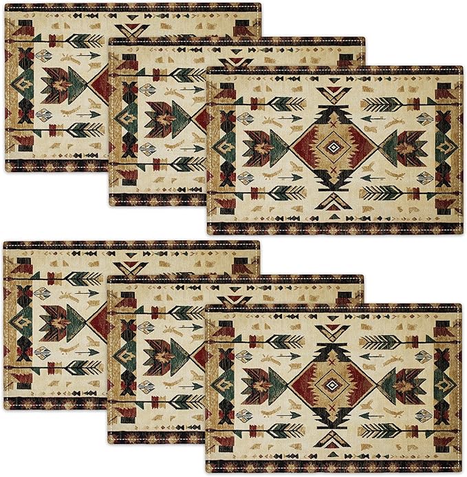 Southwestern Placemats Set of 6, Farmhouse Boho Ethnic Place Mats, Rustic Turkish Dining Table Mats, Washable Placemats for Kitchen Dining Room Home Decor 18L'' × 12W''