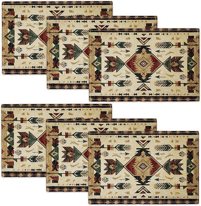 Southwestern Placemats Set of 6, Farmhouse Boho Ethnic Place Mats, Rustic Turkish Dining Table Mats, Washable Placemats for Kitchen Dining Room Home Decor 18L'' × 12W''