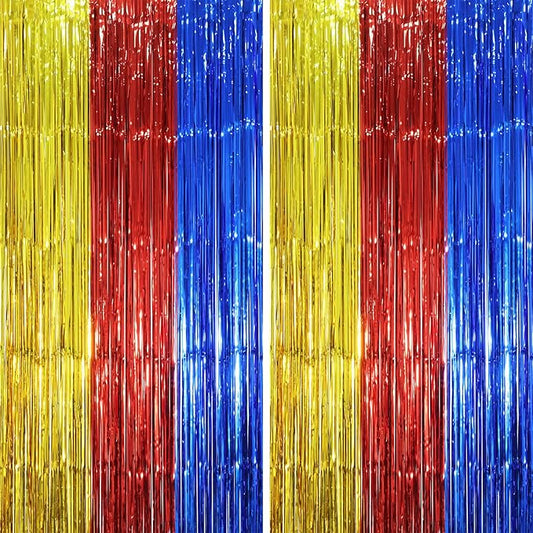 2 Pack Blue Red Gold Foil Fringe Backdrop Curtains, Tinsel Streamers Party Decorations, Fringe Backdrop, Door Shimmer for Birthday Party