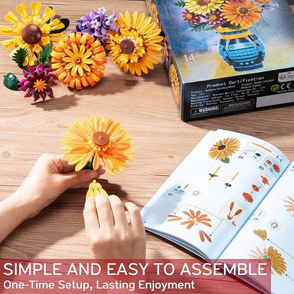 Flower Bouquet Building Blocks Set with Vase, Women Men Teen Girls Gifts for Christmas, 1065PCS Sunflower Botanical Collection Artificial Flower Decor Birthday Gifts for Her Him Wife Mom Grandma Adult