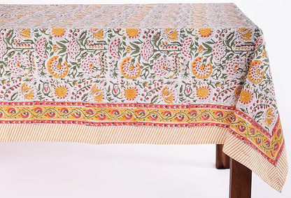 ATOSII Clover Yellow 100% Cotton Rectangle Fall Tablecloth, Handblock Floral Print Linen Table Cloth for Kitchen Dining I Parties, Outdoors, Christmas, Thanksgiving I 72 X 108 Inches I 8 Seater