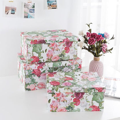 Soul & Lane Decorative Cardboard Storage Boxes with Lids for Home Decor and Organization, Set of 3 Large Keepsake Boxes for Memories & Gifts, Nesting Floral Photo Storage Containers, Rose Romance