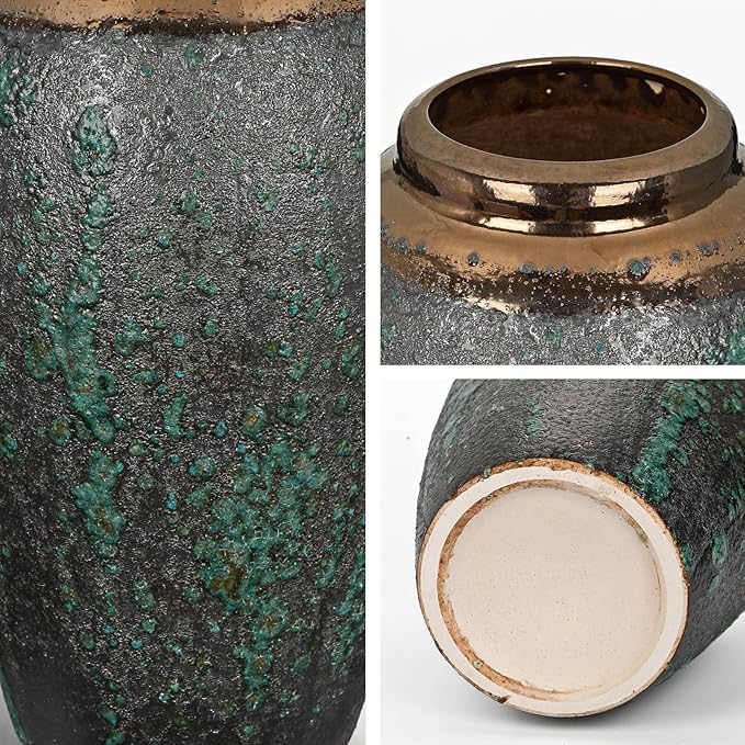 Ceramic Flower Vase, 12" Rustic Farmhouse Flower Vase with Wide Bronze Mounth, Vintage Tall Terracotta Vase for Home Office Resto Café Decoration