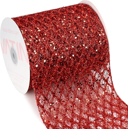VATIN 6" Red Fall Ribbon, Red Glitter Mesh Diamond Web Sequin Dots Wired Christmas Ribbon for Gift Wrapping Bow Making Wreath Supply-10 Yards