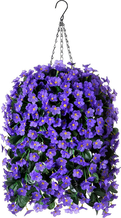 Artificial Fake Outdoor Hanging Flowers Plants Basket for Outside Porch Decoration, Fake Silk Purple Daisy Flower UV Resistant Look Real Orchid Traing Vines for Home Balcony Yard Patio Garden Decor