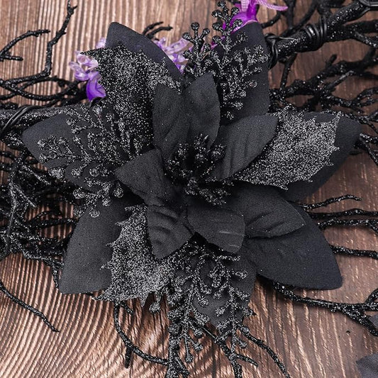 RECUTMS Black Christmas Glitter Artificial Flowers 10 Pcs 6inch Christmas Tree Flowers Halloween Ornaments Holiday Seasonal Decorations