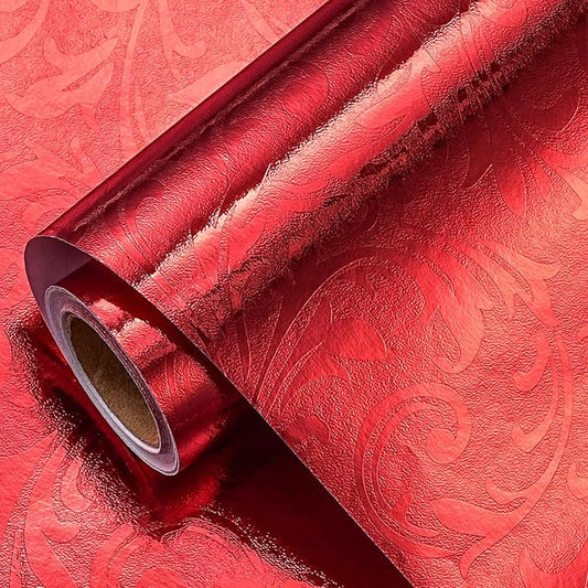 LeZakaa 3D Embossed Floral Foil Gift Wrapping Paper, Vintage Flower Metallic Foil for Birthday Christmas Party Holiday Gift Wrap, for DIY Crafts Scrapbook, Mini Roll 17 inch x 32.8 Ft(Red)