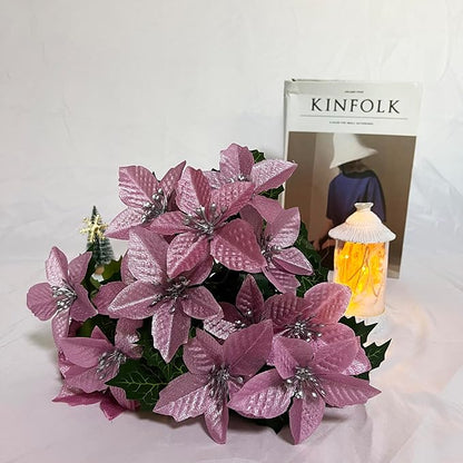 6 Pack Pink Christmas Artificial Poinsettia Flowers Faux Poinsettia Bush Bouquets Silk Poinsettia Christmas Tree Ornaments Poinsettia Flower Arrangement for Home Decor