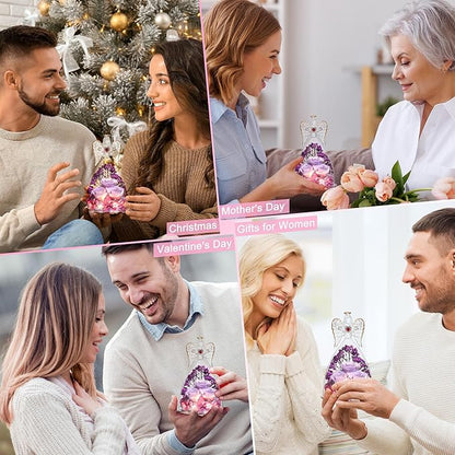 Mothers Day Rose Gifts for Women, Large Angel Figurines with Real Roses, Preserved Real Flower Rose for Her, PinkPurPur