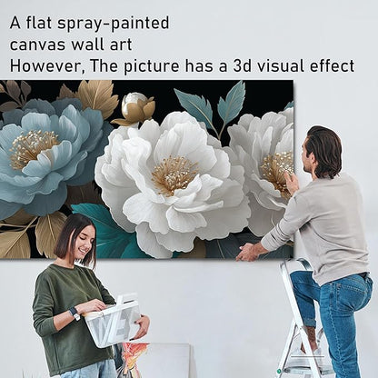 Tarfupth Large White Flower Canvas Wall Art for Bedroom Teal Botanical Gold Artwork for Living Room Office Kitchen Home Modern Canvas Prints 29x58 Inch