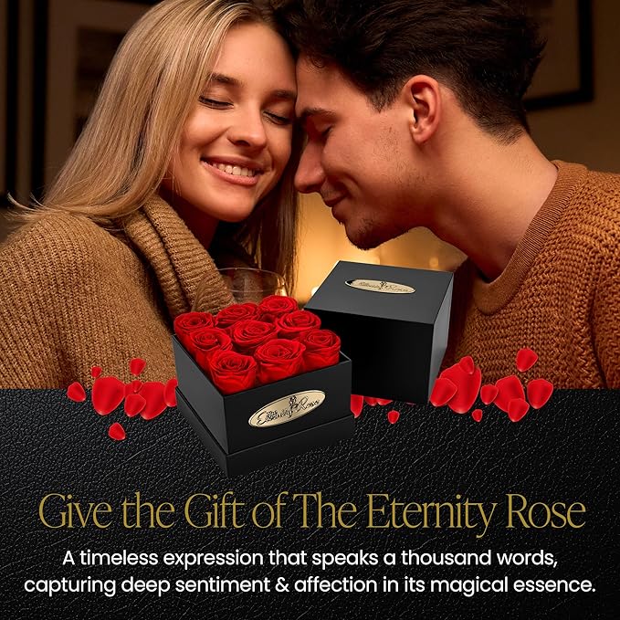 The Eternity Rose 9-Piece Preserved Roses in a Luxury Gift Box – Real Roses in Square Black Box – A Valentine’s Gift as Everlasting as Your Love