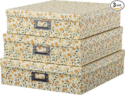 Soul & Lane Decorative Cardboard Storage Boxes With Lids, Set of 3 Nesting Floral Photo Storage for Home Décor and Scrapbook Paper, Memory Boxes For Keepsakes, Documents, Organizing