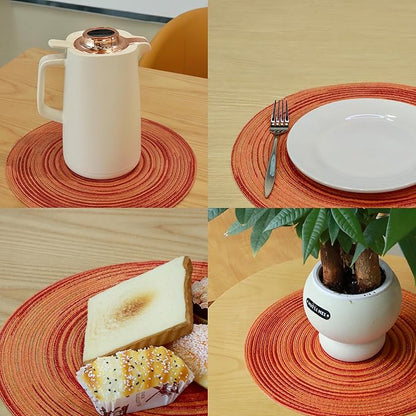 Youyi Better Lifes Round Braided Placemats Set of 6 Colorful Washable Durable Placemats Non-Slip 15 Inch Red-Orange Woven Table Mats for Dining Tables Holiday Party Decoration
