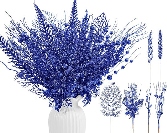 30 Pcs Artificial Christmas Tree Picks and Sprays Glitter Berry Stem Branches Holly Floral Picks Twigs Christmas Tree Ornaments for DIY Xmas Wreath Vase Filler Decorations(Royal Blue)