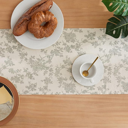 100% Cotton French Pastoral Table Runners, 13x48 Inch Green Farmhouse Table Runners 48 Inches Long, Vintage Flowers Print Home Decors