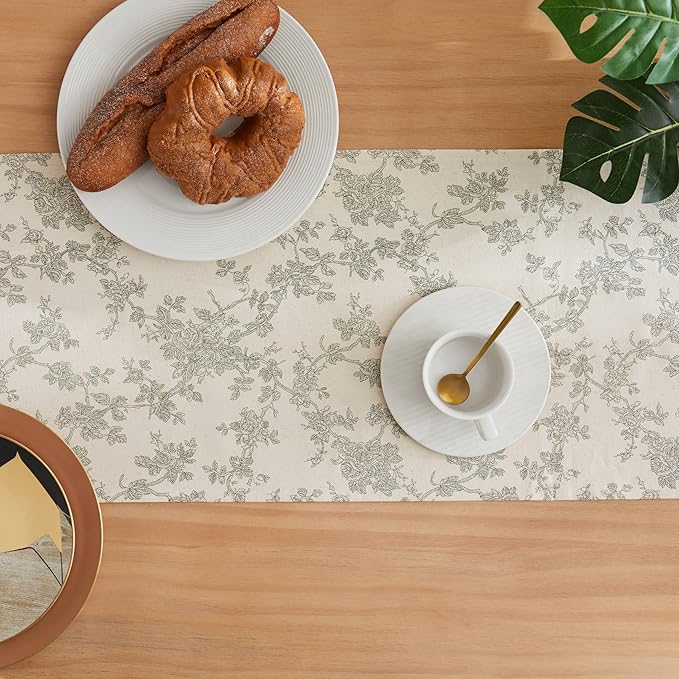 100% Cotton French Pastoral Table Runners, 13x36 Inch Green Farmhouse Table Runners 36 Inches Long, Vintage Flowers Print Home Decors