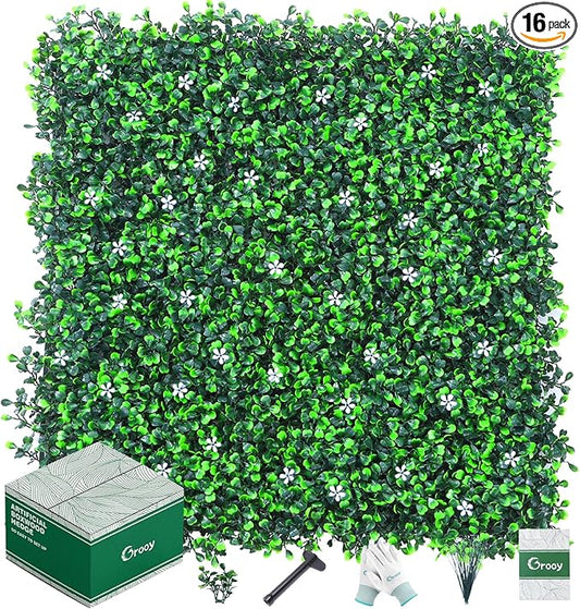 16PCS Grass Wall Panel with Flowers, 20x20inch Boxwood Panels, Grass Backdrop, Privacy Hedge Screen, UV Protected Wall Backdrop for Outdoor Garden and Indoor Home Wedding